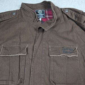 Special Blend Military Field Jacket Mens XL Brown Red Plaid Full Zip Flip Pocket